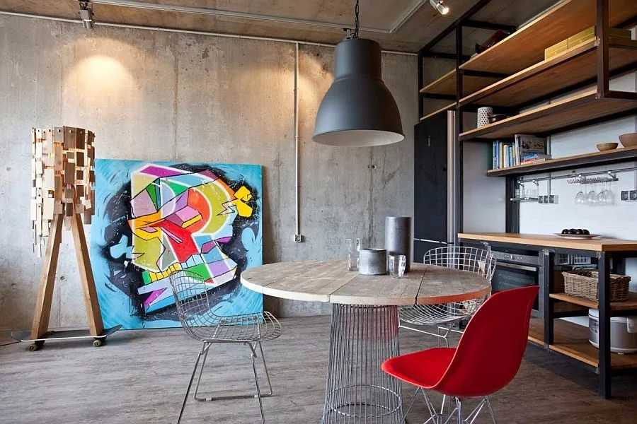 1Stylish-studio-apartment-living-room-with-exposed-concrete-wall