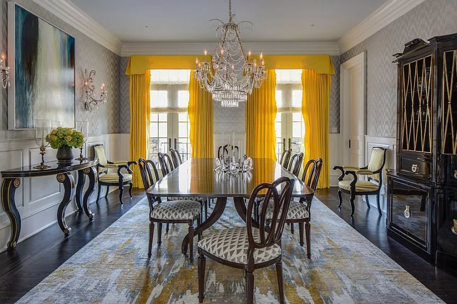 Bright-yellow-drapes-make-a-bold-statement-in-the-all-gray-dining-room