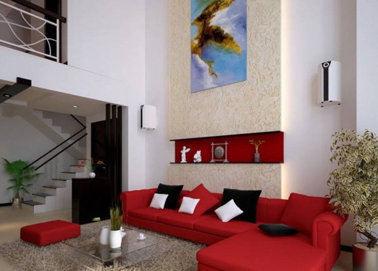 Phòng khách nổi bật với bộ sofa màu đỏ