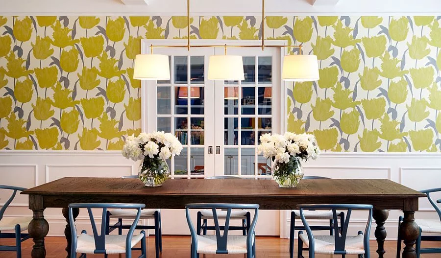 Wallpaper-adds-yellow-while-the-dining-table-chairs-bring-a-touch-of-bluish-gray-to-the-dining-room