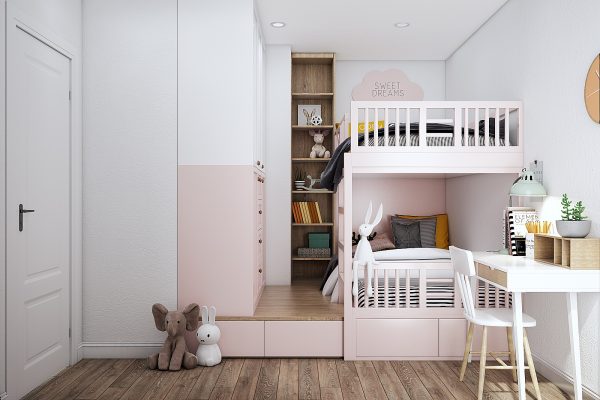 Miễn Phí Thiết kế Phòng Trẻ Em 2 giường ngủ đẹp màu hồng 2